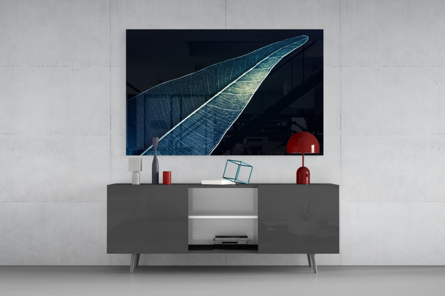 Silver Blue Leaf on Dark Navy Glass Wall Art