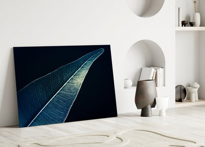 Silver Blue Leaf on Dark Navy Glass Wall Art