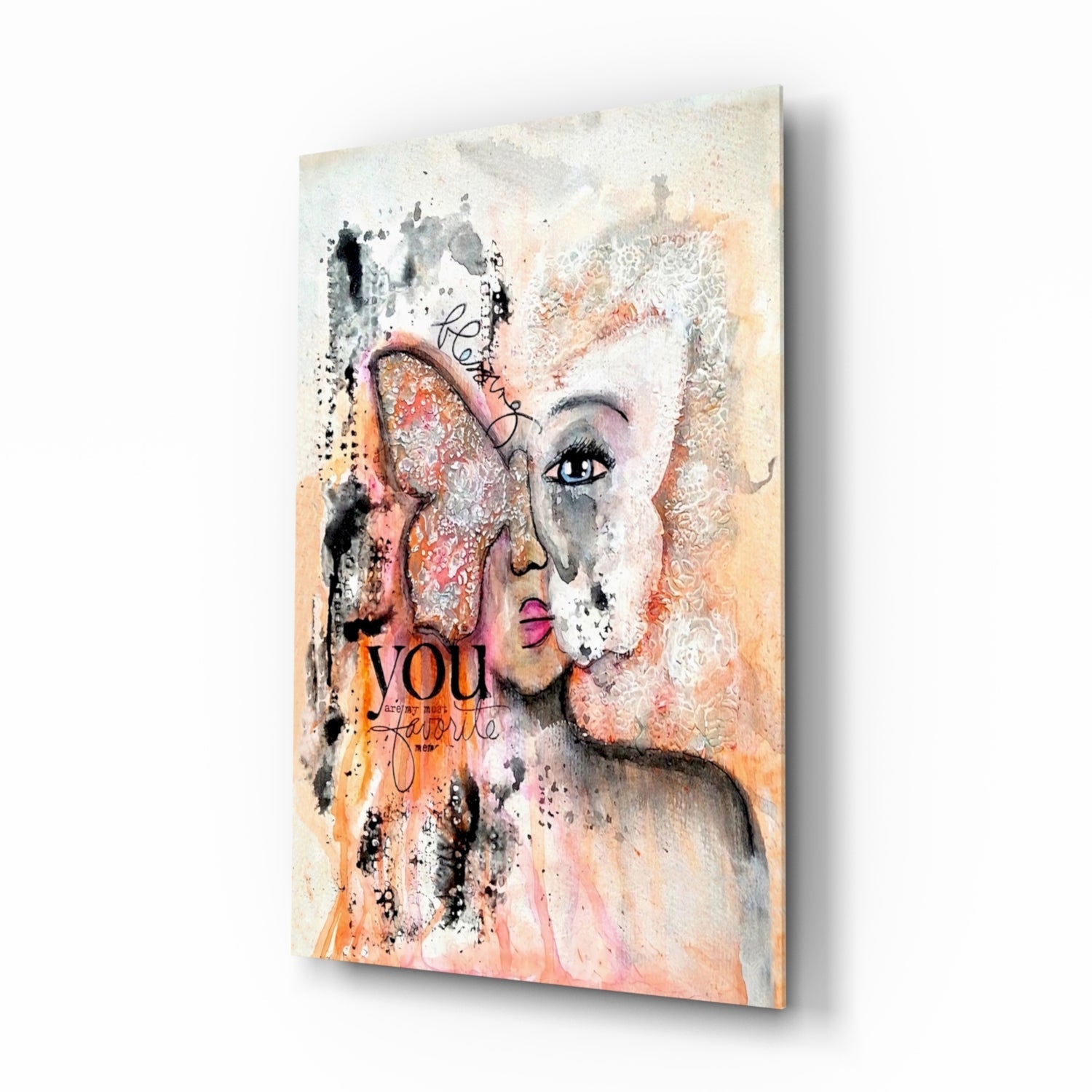 Peach Butterfly Collage Woman Glass Wall Art