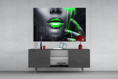 Green Paint Drip Lips Glass Wall Art