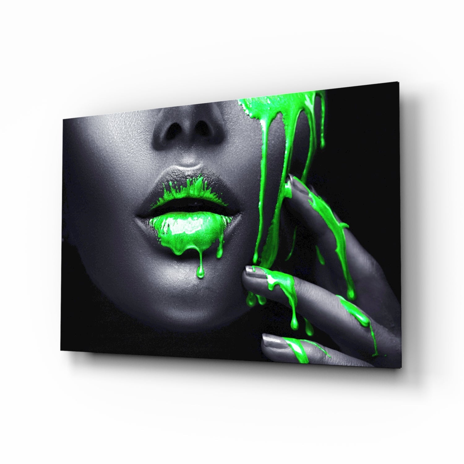 Green Paint Drip Lips Glass Wall Art