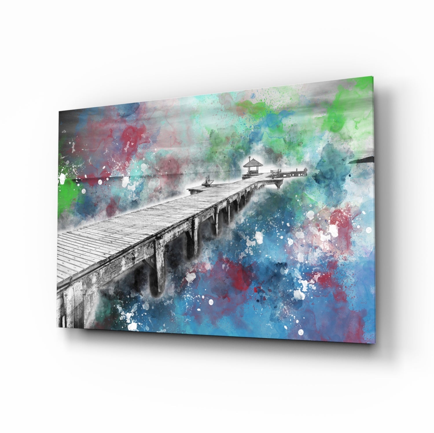 Splattered Paint Pier Green Blue Glass Wall Art