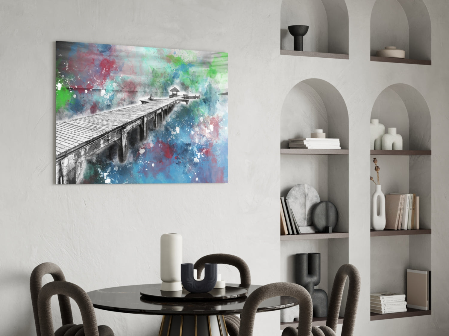 Splattered Paint Pier Green Blue Glass Wall Art