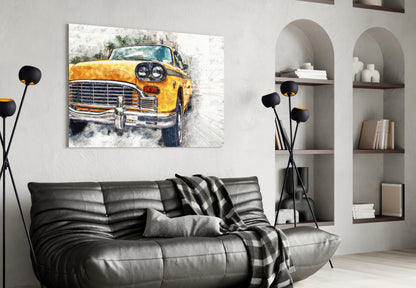 Yellow Vintage Taxi Sketch Glass Wall Art