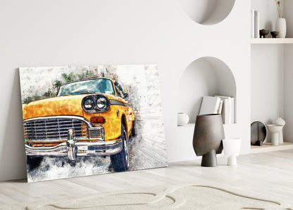 Yellow Vintage Taxi Sketch Glass Wall Art