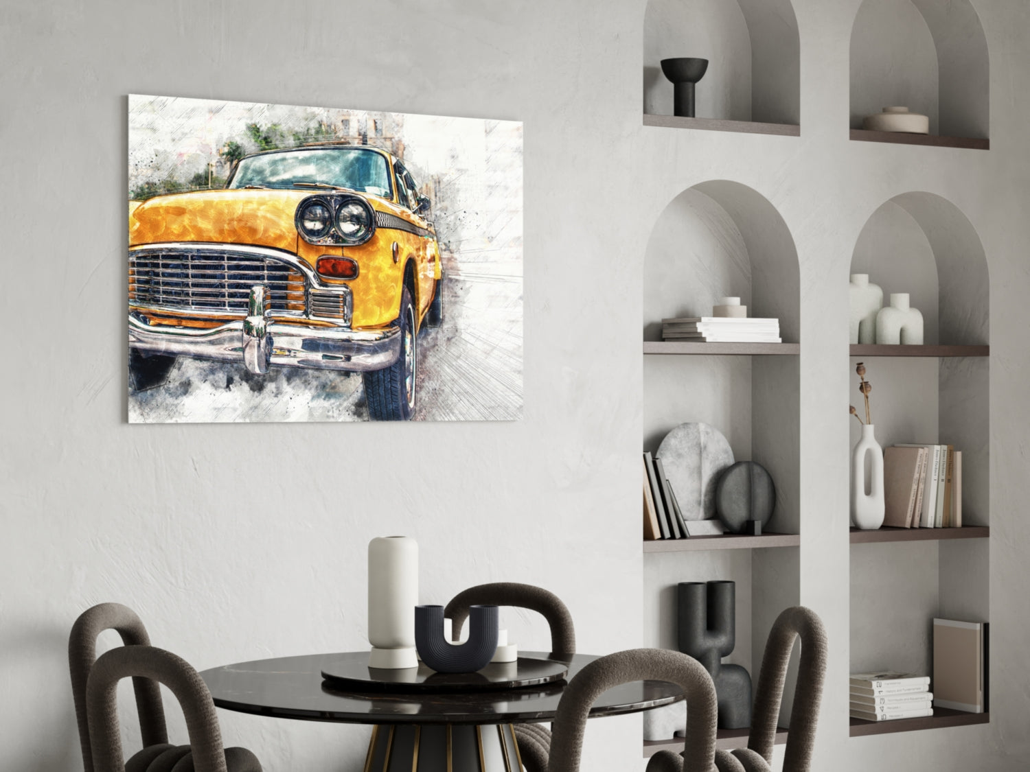 Yellow Vintage Taxi Sketch Glass Wall Art