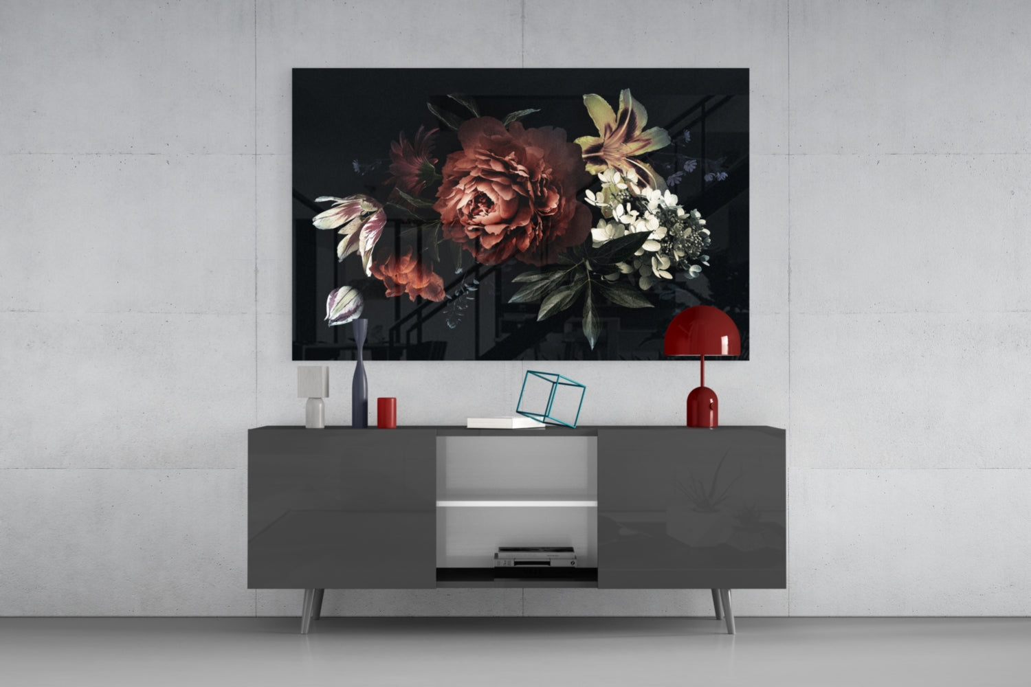 Dark Bouquet Red Peony Bloom Glass Wall Art