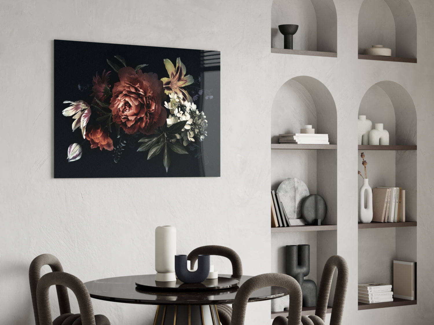 Dark Bouquet Red Peony Bloom Glass Wall Art