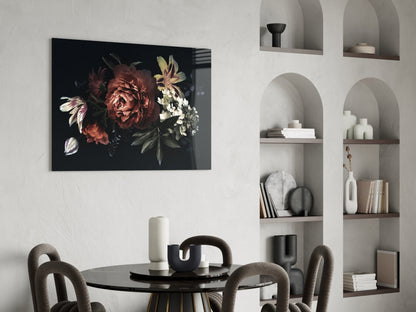 Dark Bouquet Red Peony Bloom Glass Wall Art