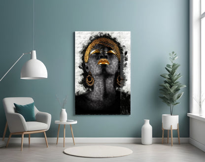 Gold Lips Woman Portrait White Glass Wall Art
