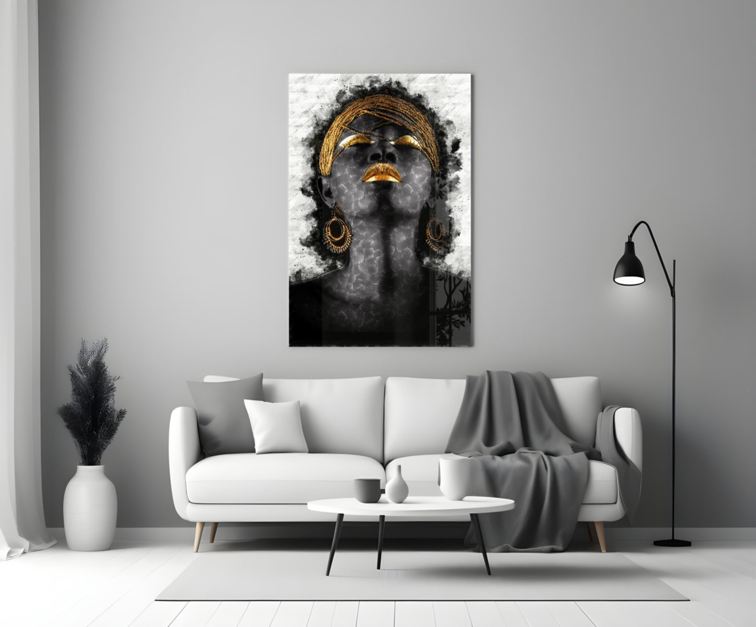 Gold Lips Woman Portrait White Glass Wall Art