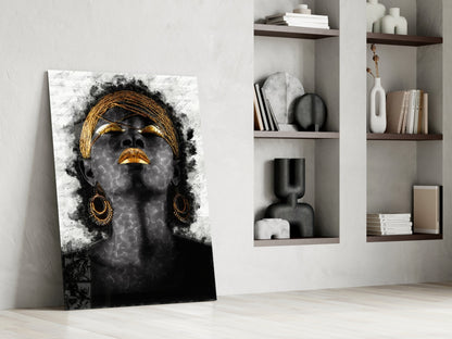 Gold Lips Woman Portrait White Glass Wall Art