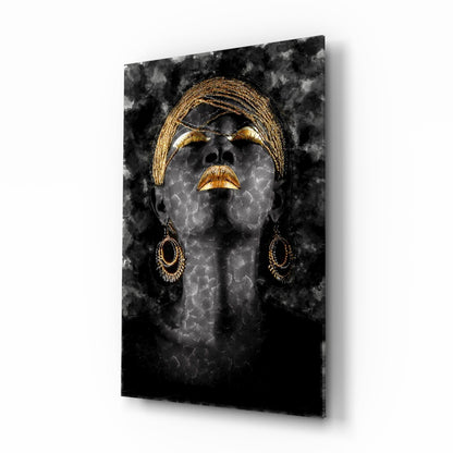 Gold Headdress Woman Portrait Black Glass Wall Art
