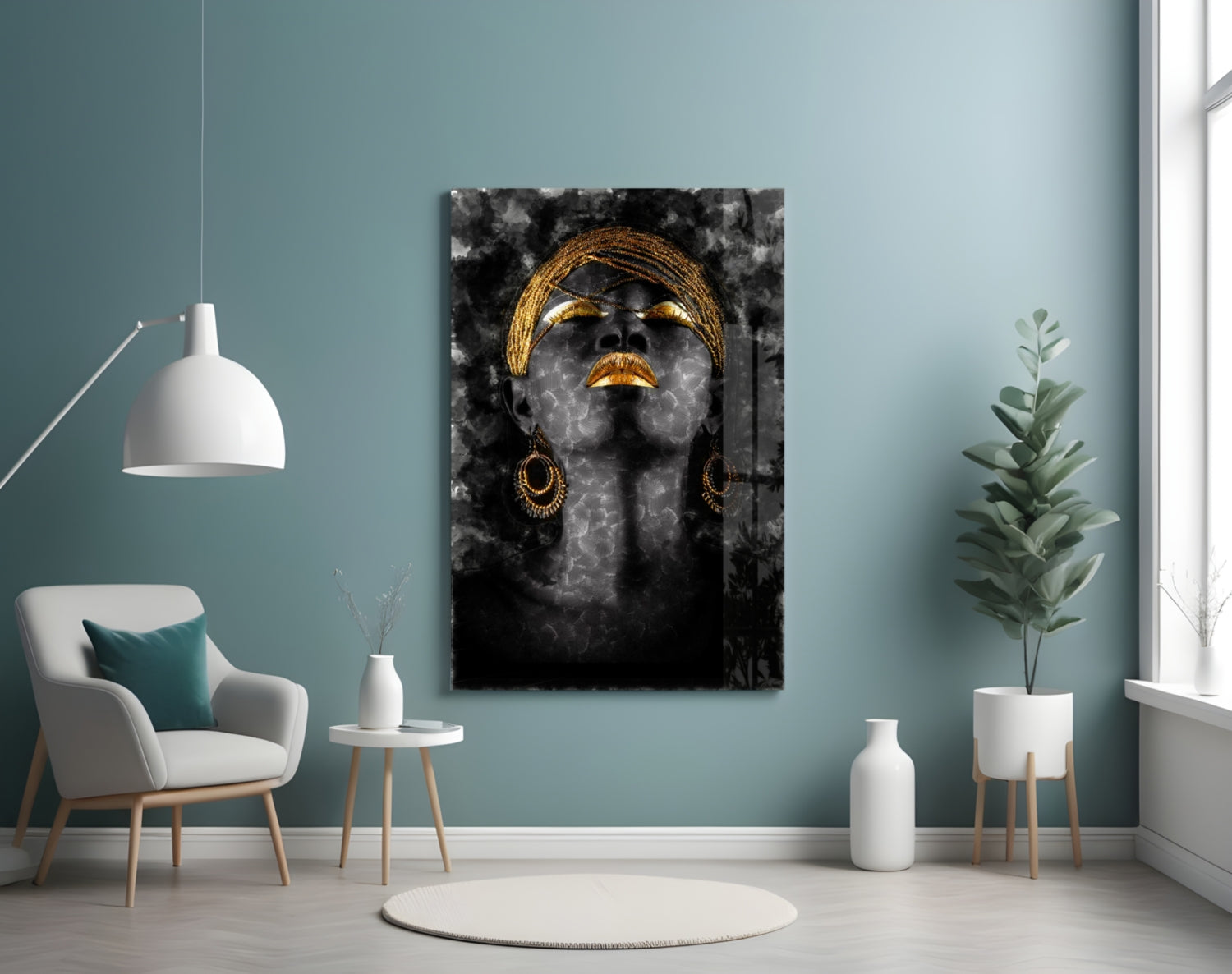 Gold Headdress Woman Portrait Black Glass Wall Art