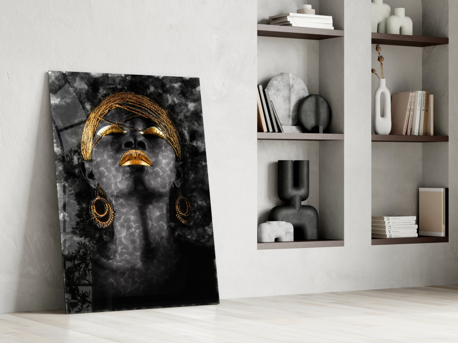 Gold Headdress Woman Portrait Black Glass Wall Art