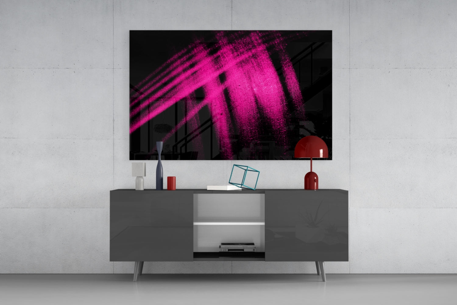 Magenta Powder Streaks on Black Glass Wall Art