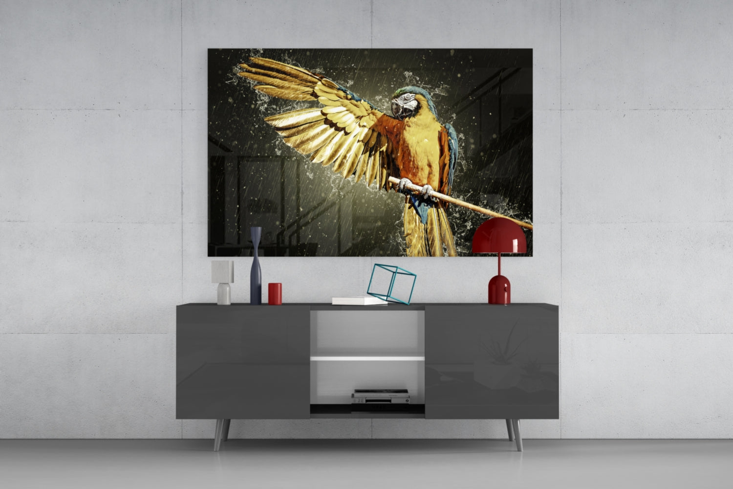 Golden Macaw Water Splash Glass Wall Art