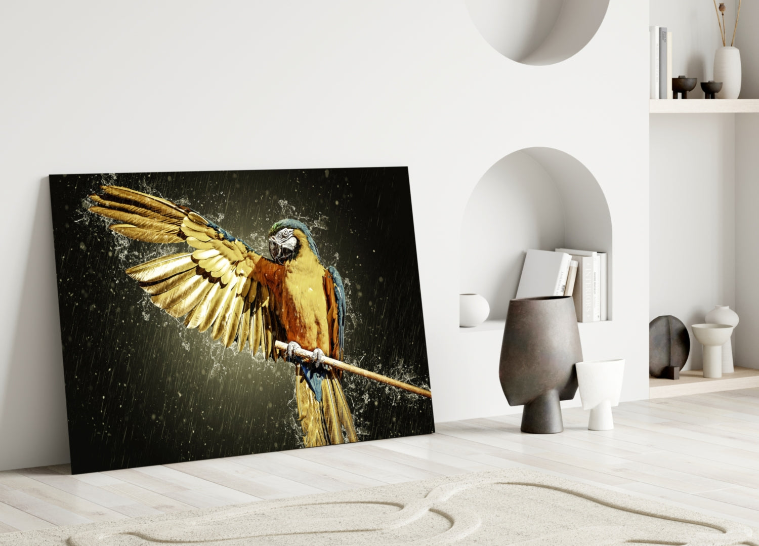 Golden Macaw Water Splash Glass Wall Art