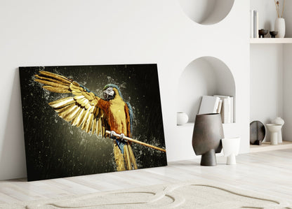 Golden Macaw Water Splash Glass Wall Art