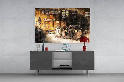 Retro Old Garage Glass Wall Art
