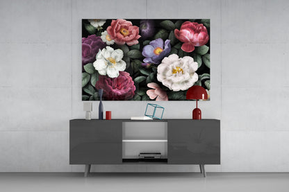 Dark Moody Vintage Rose Bouquet Floral Glass Wall Art
