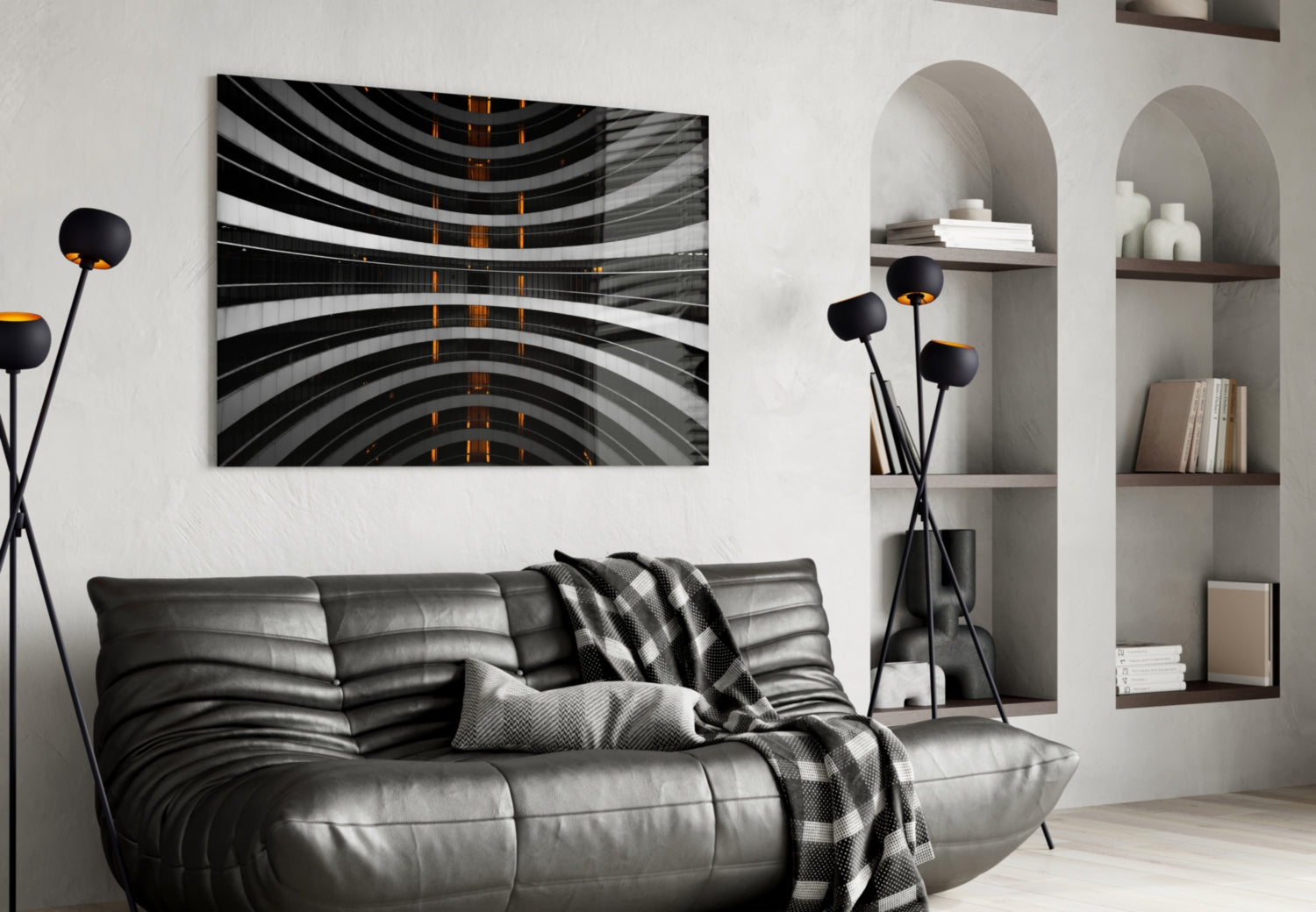 Curved Balconies Amber Lights Glass Wall Art