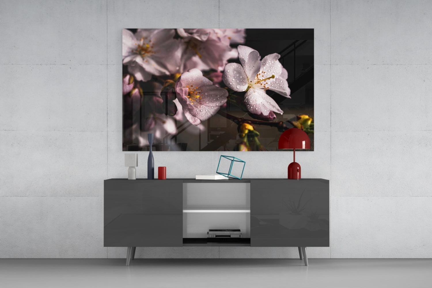 Dewdrop Pink Cherry Blossoms Glass Wall Art