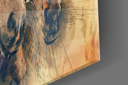 Three Horse Heads Sepia Sketch Glass Wall Art