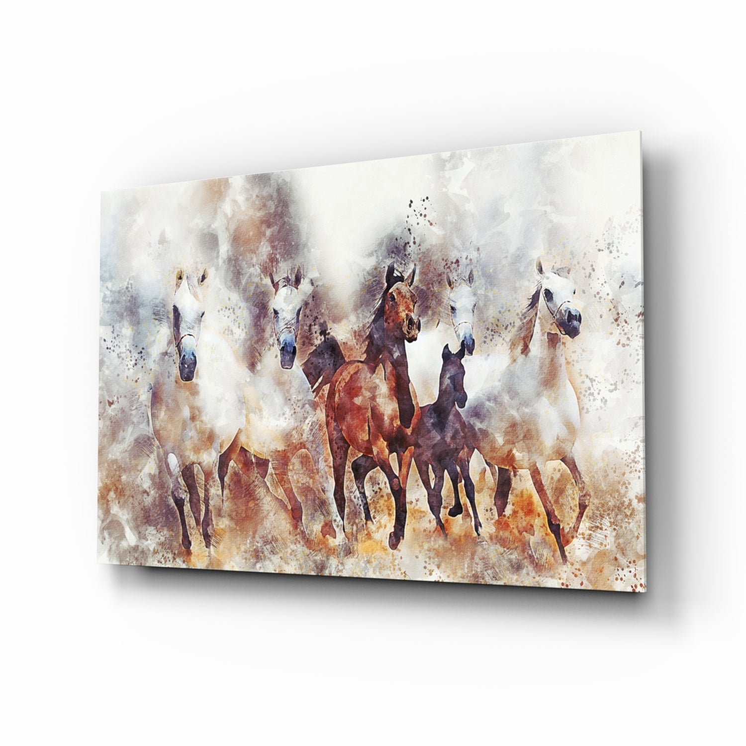 Watercolor Herd Of Horses Glass Wall Art
