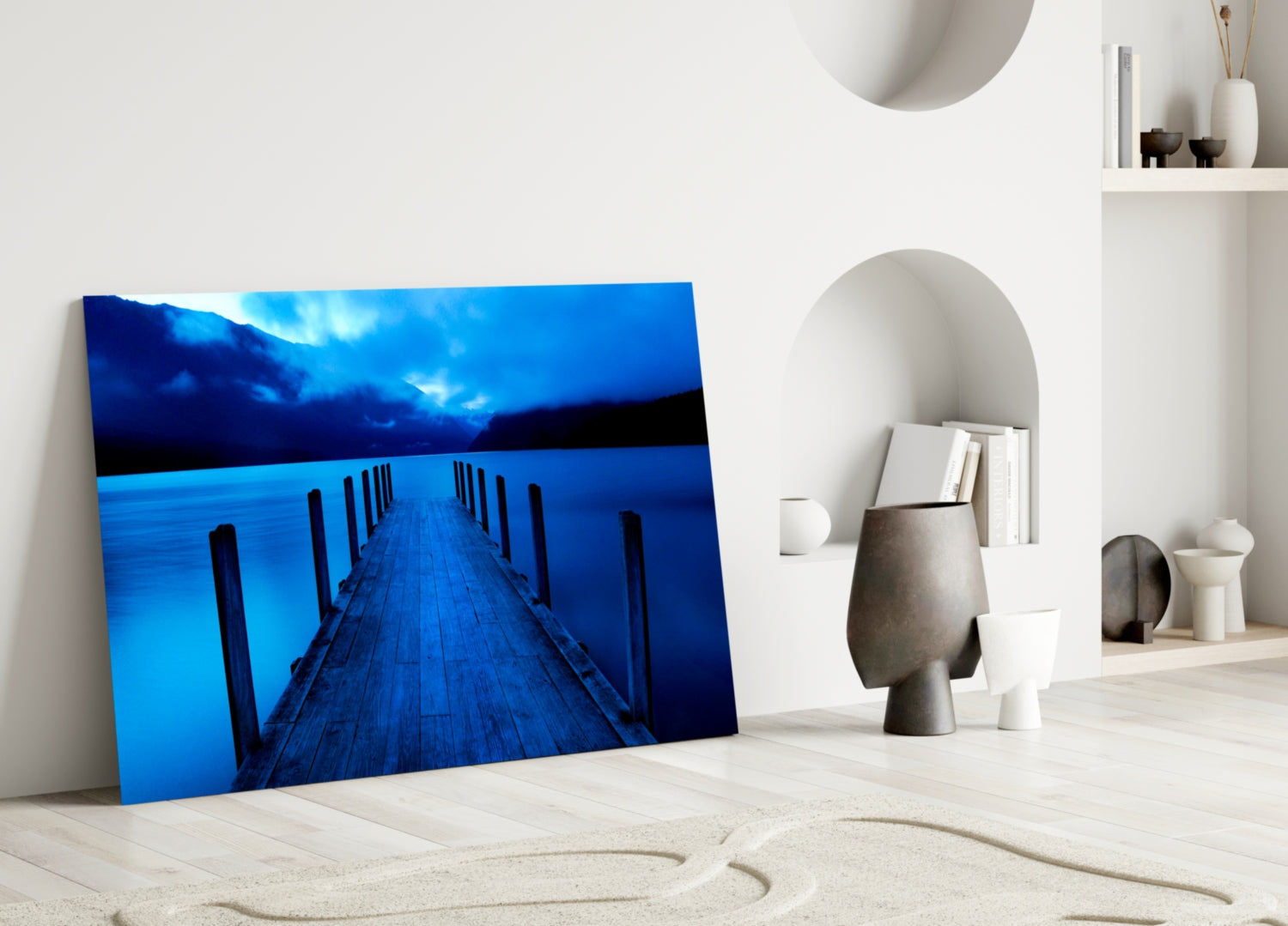 Moonlit Blue Mountain Jetty Glass Wall Art