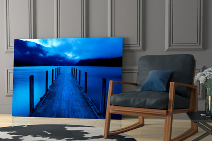 Moonlit Blue Mountain Jetty Glass Wall Art