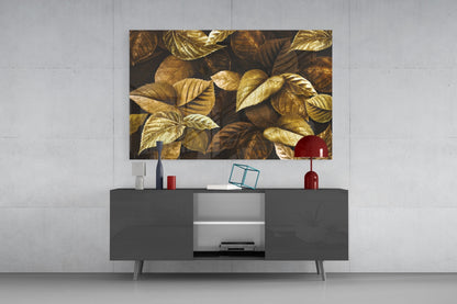 Metallic Gold Leaves On Dark Yellow Leaf Glass Wall Art