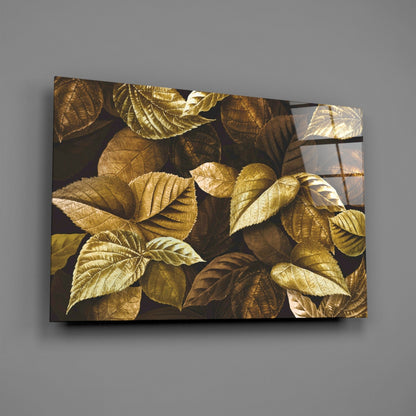 Metallic Gold Leaves On Dark Yellow Leaf Glass Wall Art