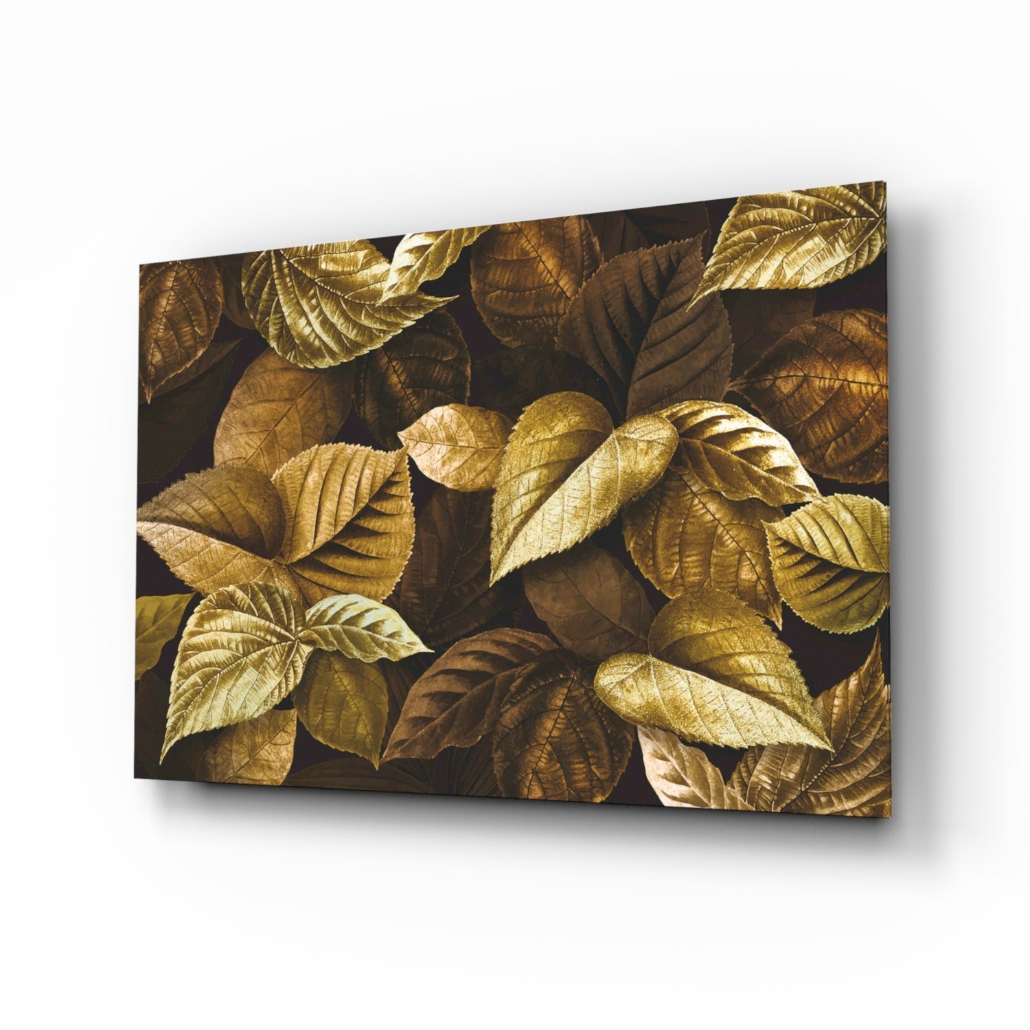 Metallic Gold Leaves On Dark Yellow Leaf Glass Wall Art