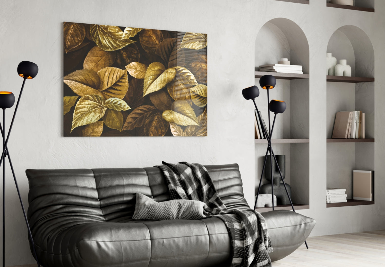 Metallic Gold Leaves On Dark Yellow Leaf Glass Wall Art