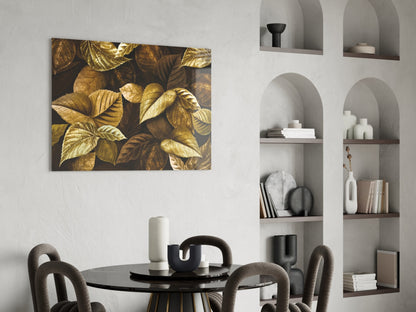 Metallic Gold Leaves On Dark Yellow Leaf Glass Wall Art