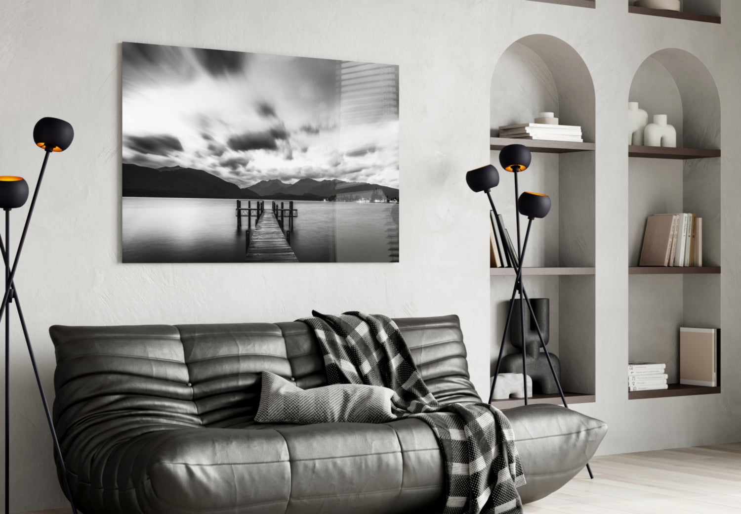 Dramatic Clouds Over Lake Jetty Glass Wall Art