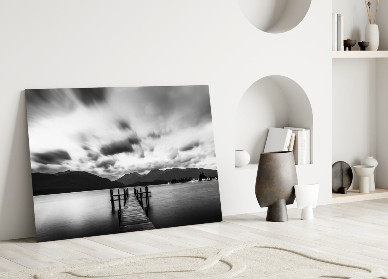 Dramatic Clouds Over Lake Jetty Glass Wall Art