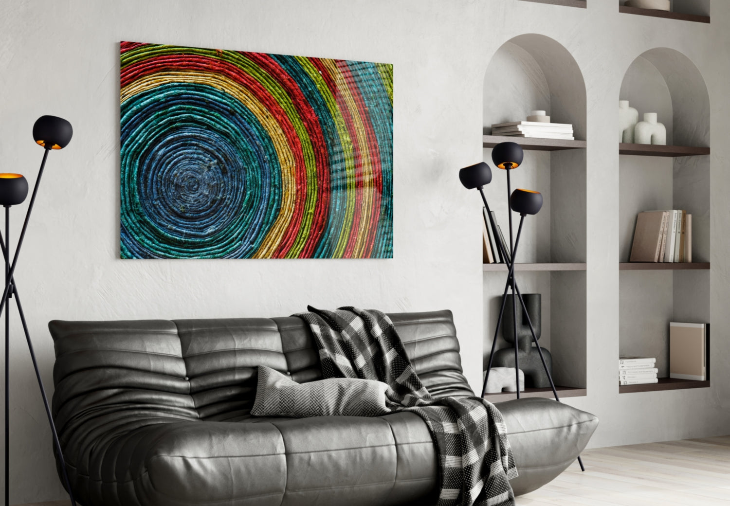 Rainbow Woven Rings Spiral Glass Wall Art