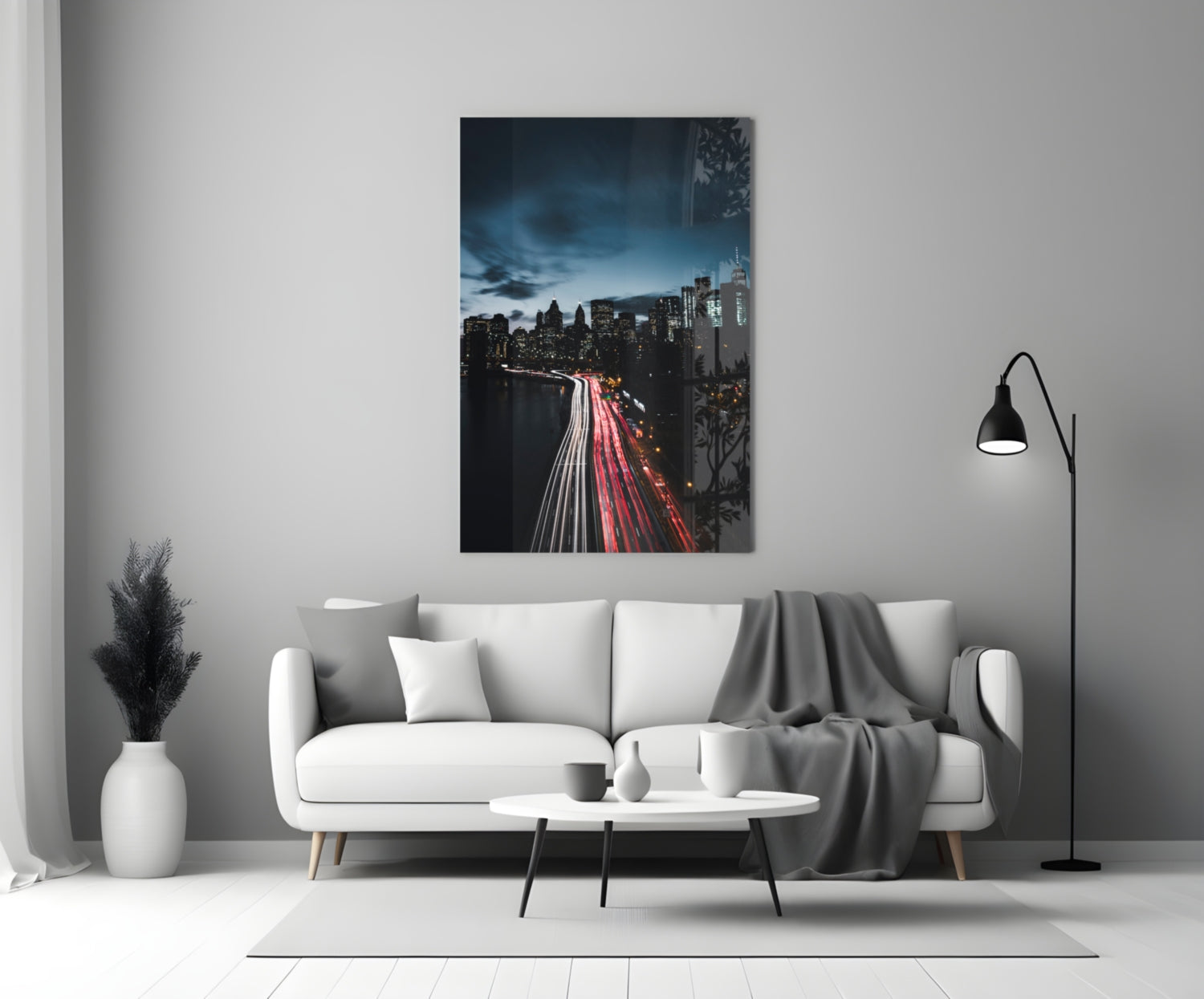 Red Light Trails Night Skyline Glass Wall Art