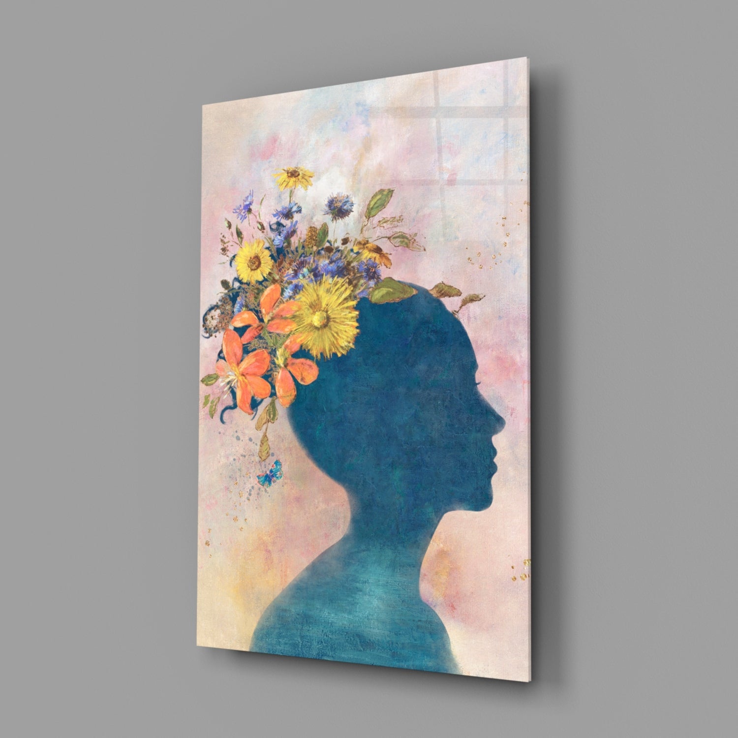 Floral Head Blue Silhouette Glass Wall Art