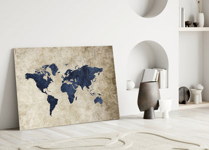 Navy Map on Aged Parchment Glass Wall Art