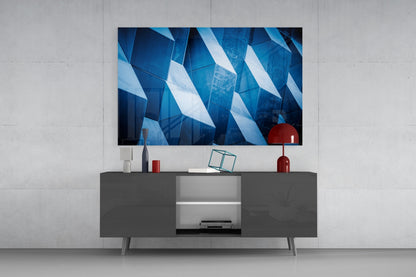 Blue Geometric Facade Panels Glass Wall Art