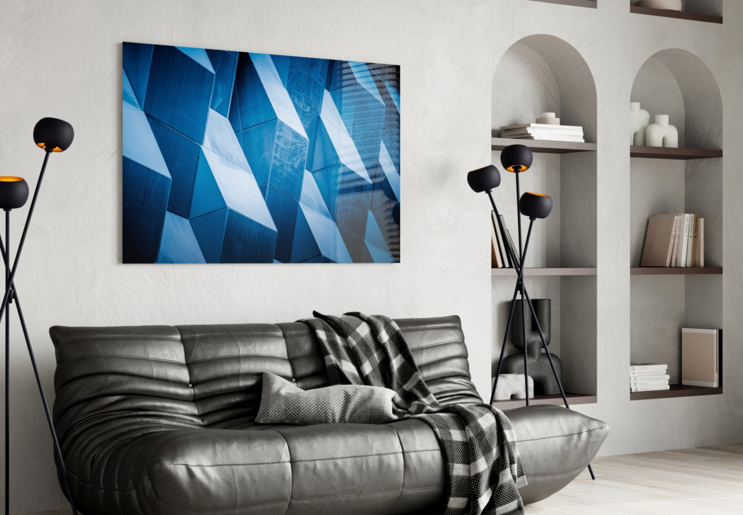 Blue Geometric Facade Panels Glass Wall Art