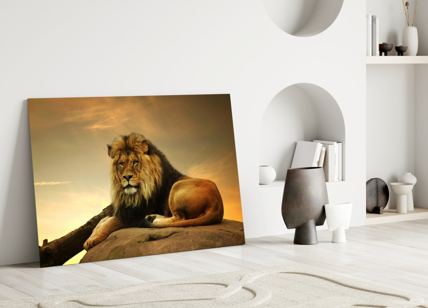 Golden Sunset Resting Lion Glass Wall Art