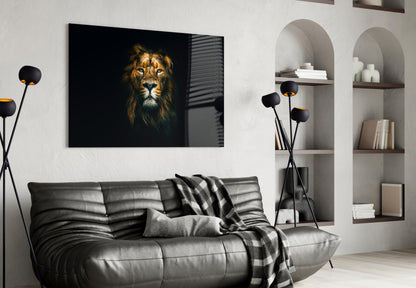 Golden Lion Head Dark Glass Wall Art