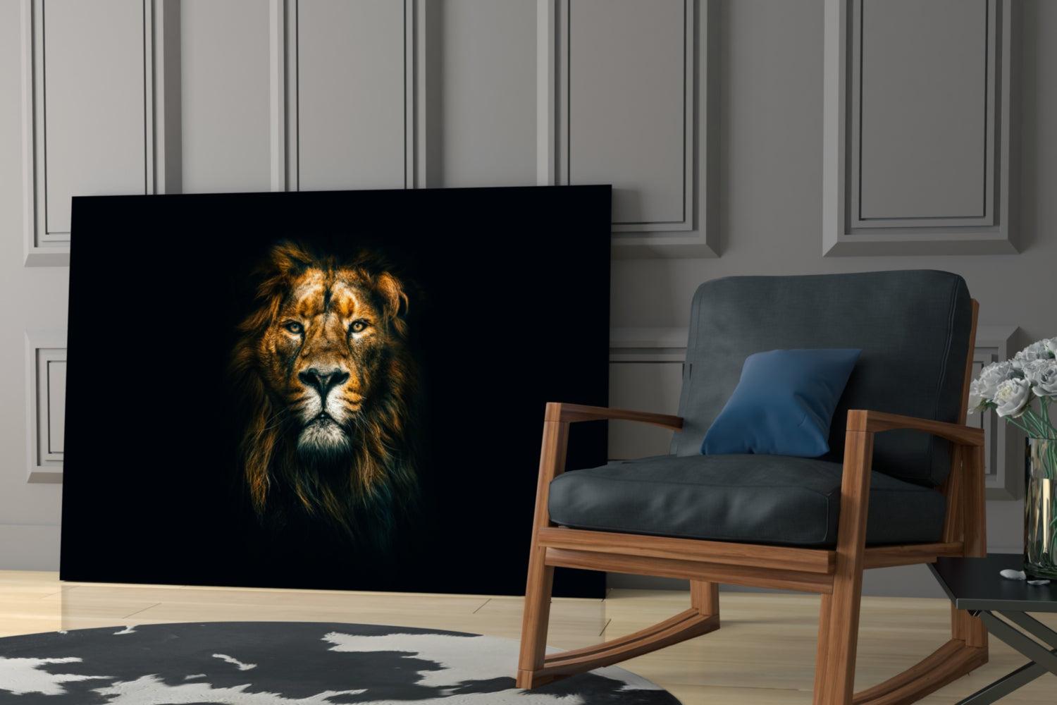Golden Lion Head Dark Glass Wall Art