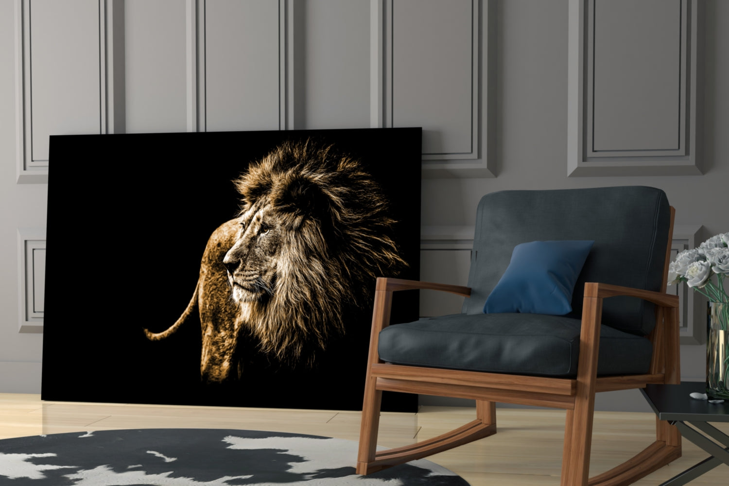 Golden Windswept Lion Profile Glass Wall Art