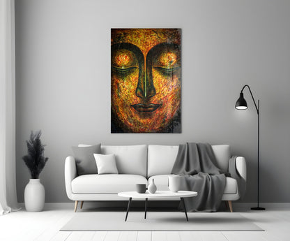 Golden Serene Buddha Face Glass Wall Art