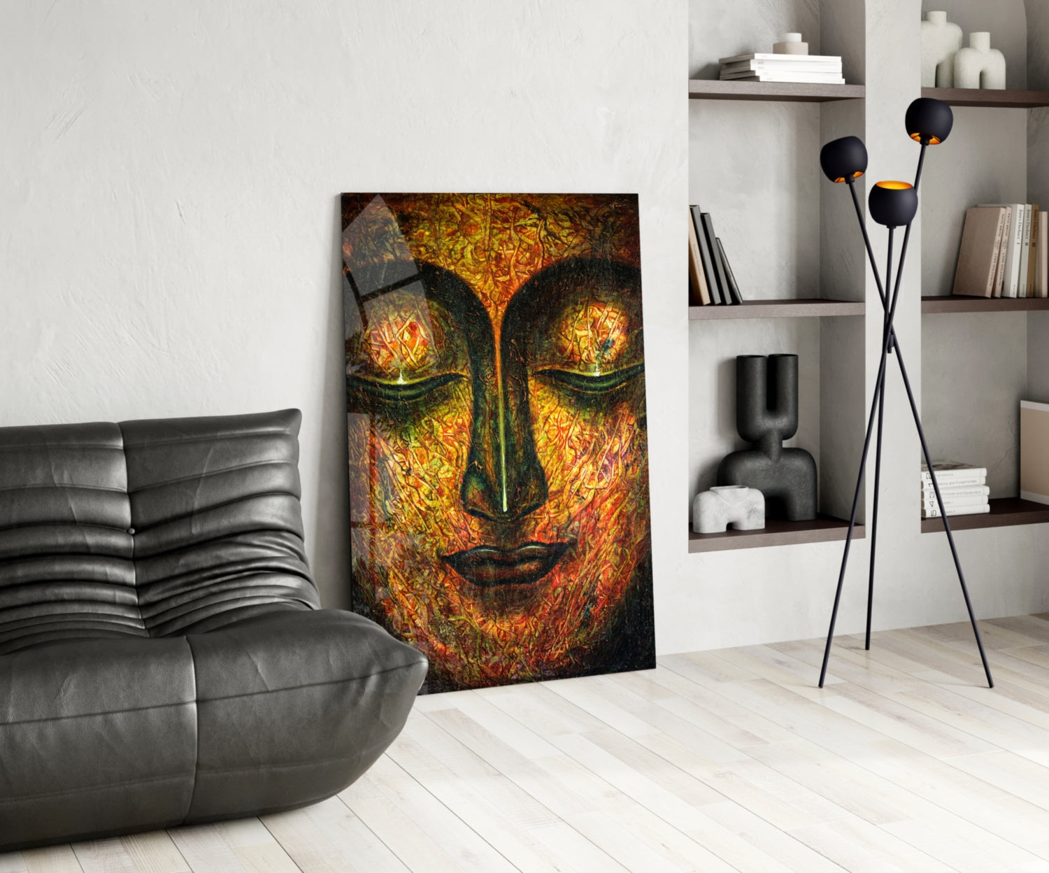 Golden Serene Buddha Face Glass Wall Art